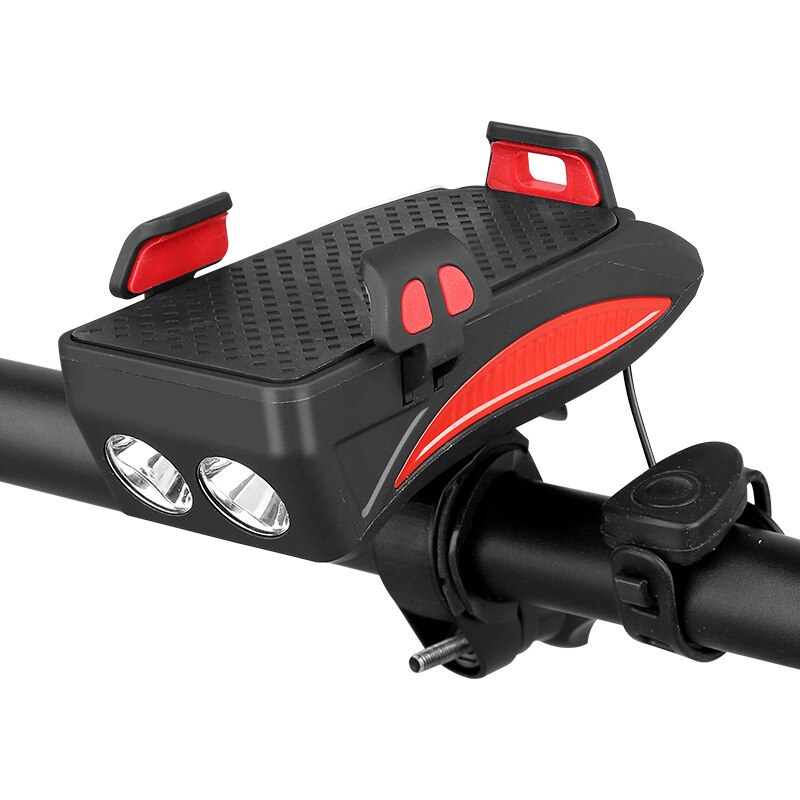 Fietshoorn en telefoonhouder in één, multifunctionele fietsverlichting, koplamp, led-bel, gps-clip, stuurbevestiging ,  b82: Rood