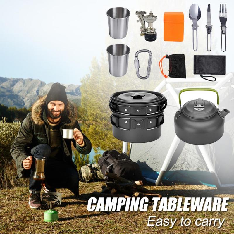 draussen Camping Kochgeschirr einstellen Geschirr Picknick Kochen Pfanne Braten Pfanne Wasserkocher Teekanne Gabel Löffel Wasser Tasse Schneiden Bord Picknick Werkzeuge