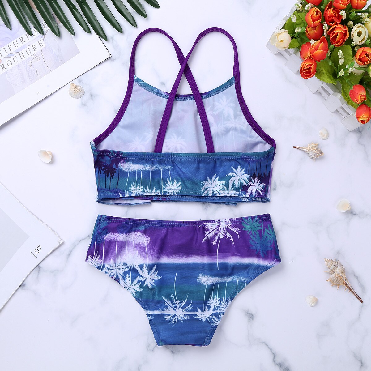 TiaoBug Kids Tropical Palm Printed Tankini Flounce Swimsuit Beach Swimwear Girls Swim Tops with Bottoms Bathing Suit Bikini Set