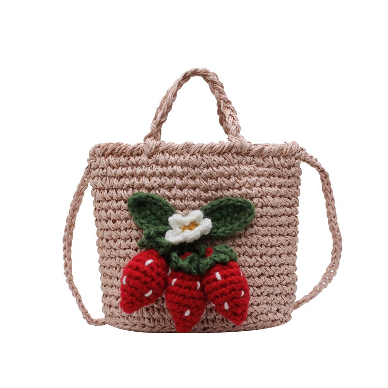 Sommer jordbær frukt halmpose kvinner små vevde crossbody skulderveskermini søt strandveske reisetaske: Rosa