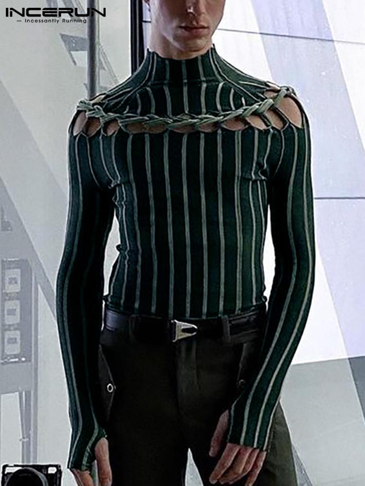 INCERUN Men T Shirts Striped Turtleneck 2022 Long Sleeve Hollow Out Personality Tee Tops Streetwear Casual Camisetas 7