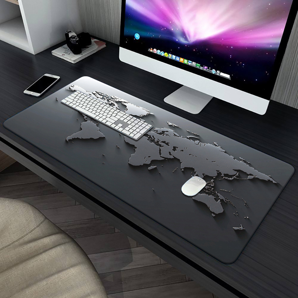 Tapis de souris multifonctionnel avec polymère HD, tapis de jeu pour bureau et maison, matériau en caoutchouc souple pour les joueurs, carte du monde grise, clavier, média, 40x90cm