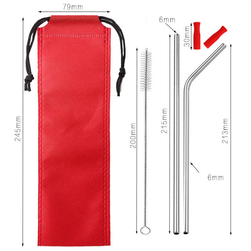304 Stainless Steel Metal Straws Drink Cocktail Color Silicone Head Straw Travel Portable Set