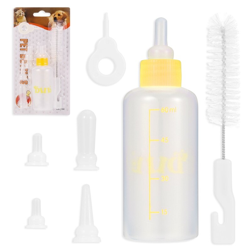 Puppy Nursing Bottle Kit Dog Cat Puppy Milk Feeding Bottle With 4 Replacement Nipples Milk Feeder Care Set And Nipple Brush: PET5798YW