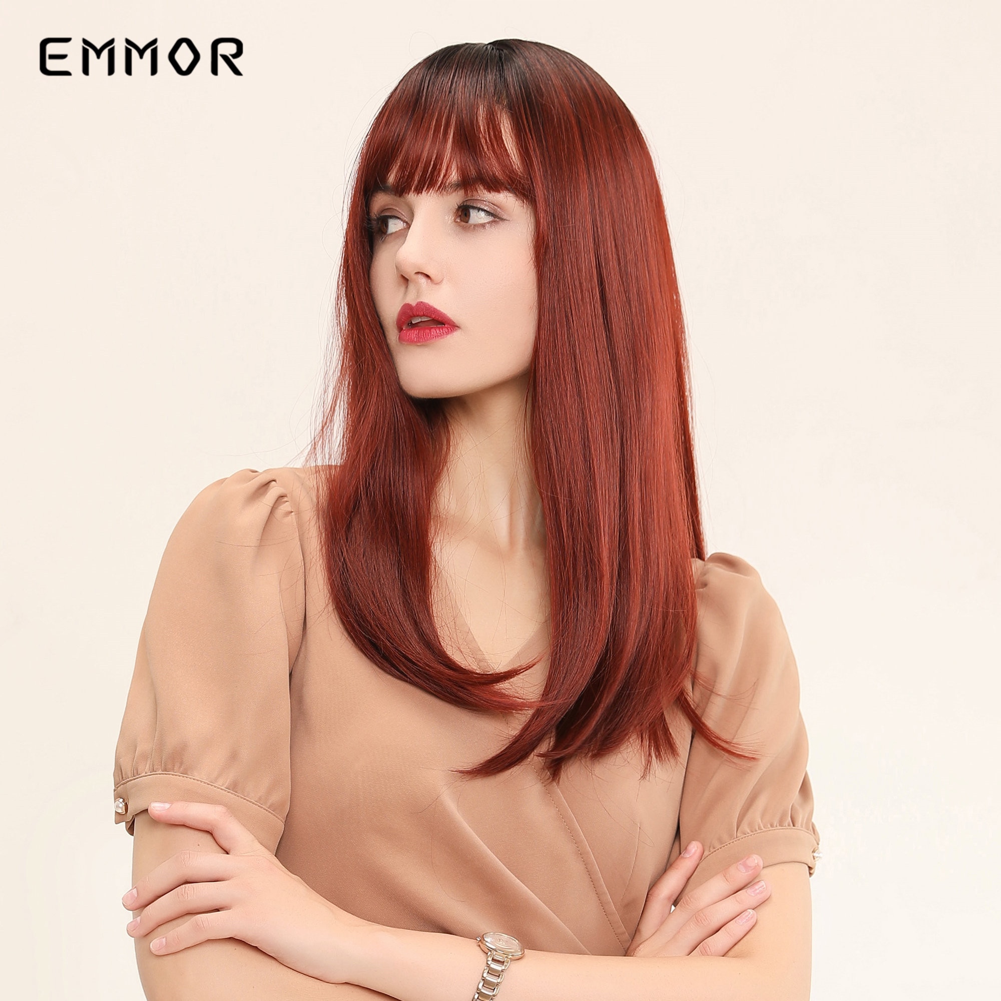 Emmor peruca cabelo sintético reto com preto natural, fibra de alta temperatura, vinho, vermelho, ombré, marrom, para mulheres