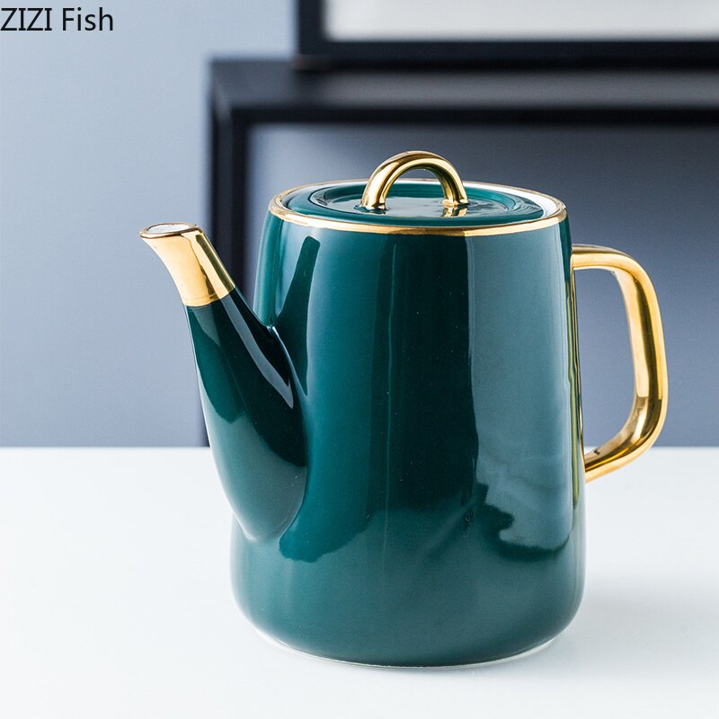 European Luxurious Green Ceramics Tea Set Teacup Teapot with Tray Suit Mugs Milk Tea Coffee Green Household Tea Set