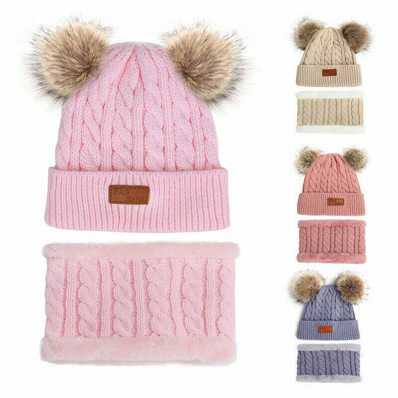 Baby Knit Hoed Meisje Hoed Set Dubbele Haarbal Cap 2 Stuks Warm Jongen Wollen Muts Sjaal Winter Accessoires Beanie skullies Gorro 0-3 Jaar