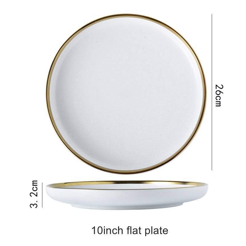 Juego de vajilla de porcelana con borde dorado, plato de cerámica para pastel, comida, ensalada, sopa, tazón, vajilla para restaurante: 10inch flat plate