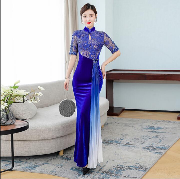 Chinese Cheongsam Fluwelen Jurk Blauwe Zomer Kanten Jurk