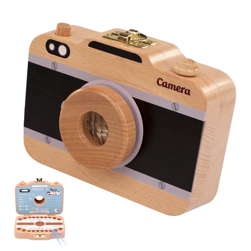 Caja de dientes con forma de cámara para niños, organizador de madera para guardar dientes de leche, gran: orange