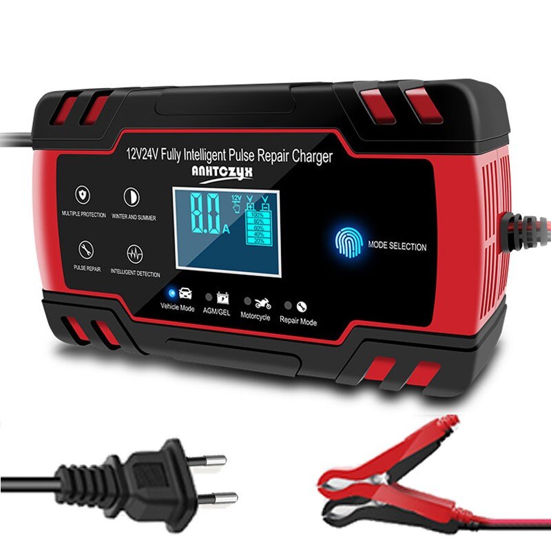 Digital LCD Display Charger Touch Screen LCD Car Battery Charger Pulse Repair 12/24V LCD Fast Power Charging Wet Dry Lead Acid