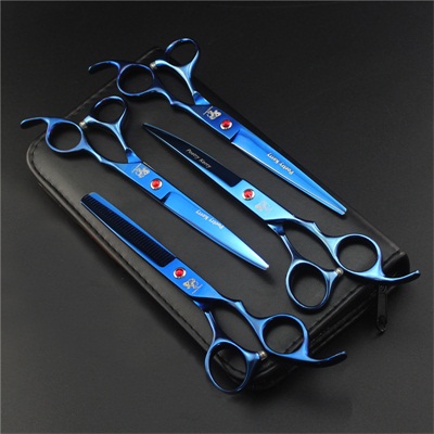 Japan 440C Pet Grooming Scissors Set 7 Inch Dog Shears Hair Cutting Thinning Curved Scissors: PK-704 blue