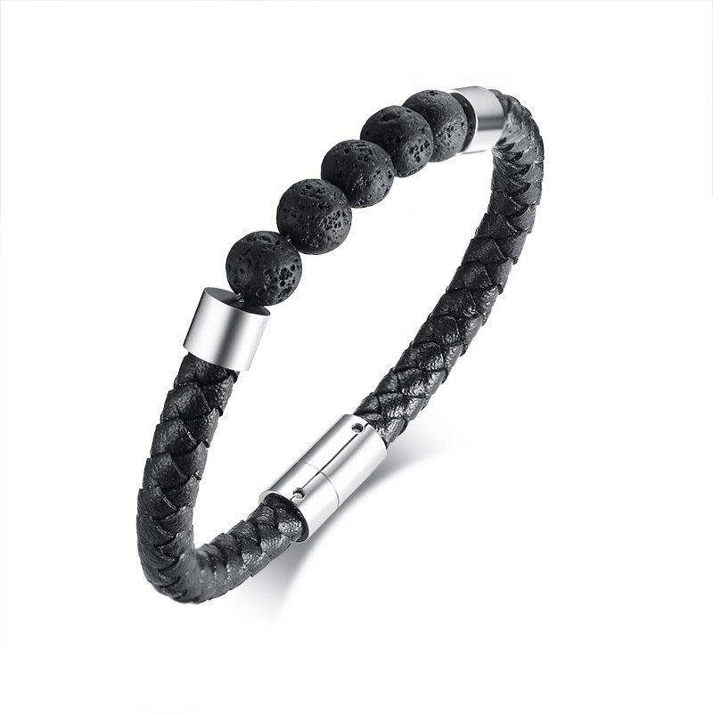 HIPSTER MAN JEWELRY BRAID LEATHER BRACELET AND VOLCANO LAVA STONE BEADS WRISTBAND: BL-358