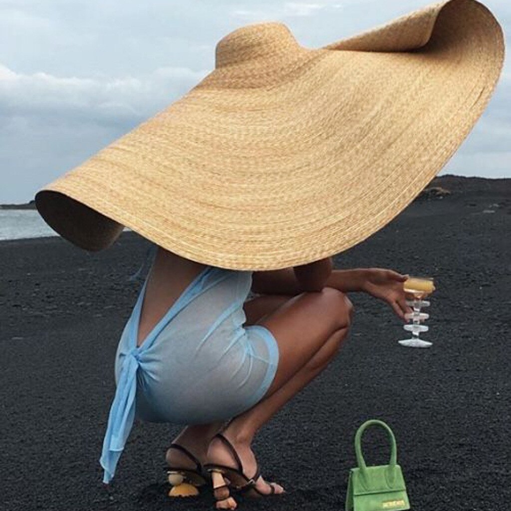 Oversized Straw Hat For Women Wide Brim Summer Sun Hat Packable Large Paper Beach Hat #T2G