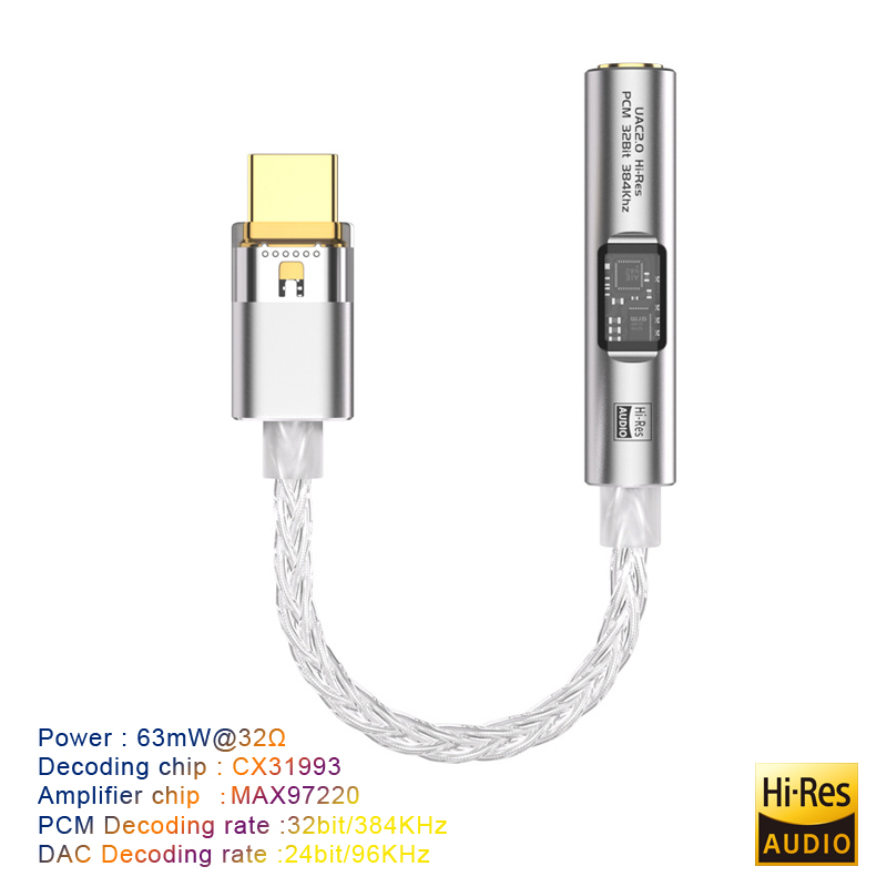 Adapter USB typu C na gniazdo 3,5 mm Wzmacniacz słuchawkowy HiFi DAC USB C Audio AUX Konwerter Dekoder CX31993 MAX97220 PCM 32Bit 384KHz: WHITE