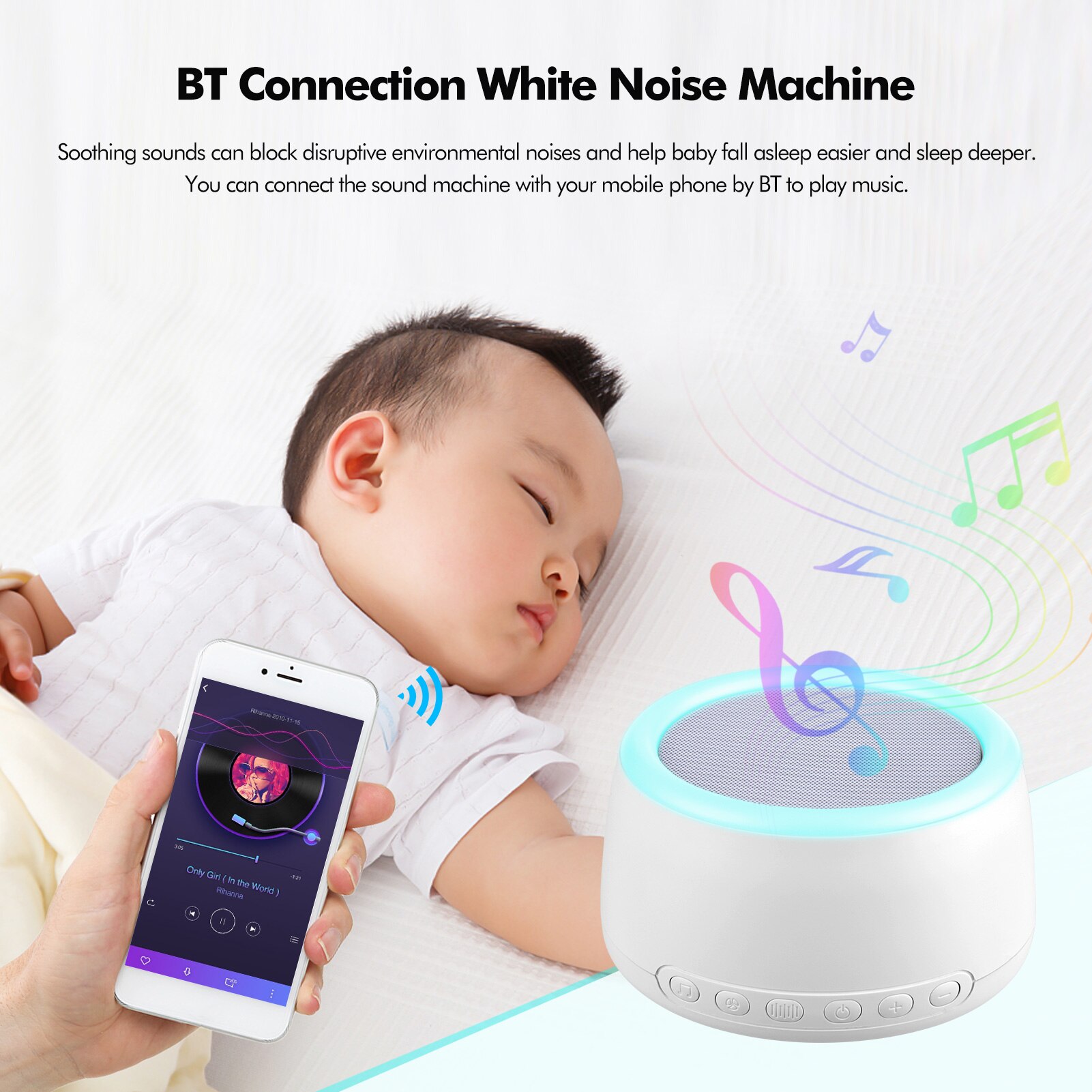 Desktop Rechargeable White Noise Machine Sleep Therapy Sound Machine with Colorful Touch Control Night Light Sleeping Relaxing