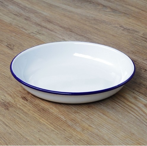 D 22 cm deep plate Enamel deep dish baking dish pasta dish round deep white with blue red side 8.5 inches
