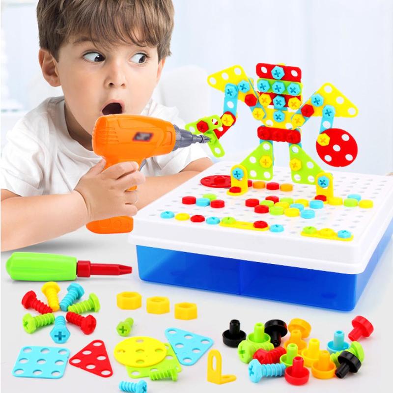 Børn bore puslespil pædagogisk legetøj gør-det-selv skrue gruppe legetøj børn værktøjssæt plast dreng stiksav mosaik byggelegetøj