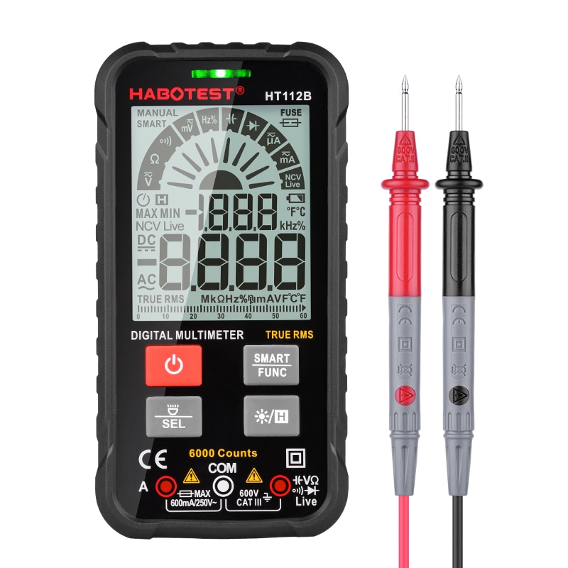 Smart Digital Multimeter Auto Ranging 600V Ohm Hz Capacitor True RMS Battery Tester Voltmeter Ammeter NCV Detector 6000 Counts