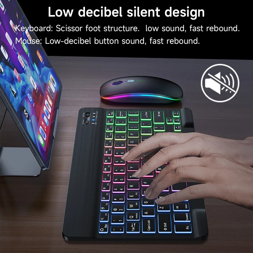 Bluetooth-Tastatur, kabellos, 7-farbige Tastatur mit Hintergrundbeleuchtung für Tablette, Laptop, wiederaufladbar, Arabisch, Russisch, Spanisch, Portugiesisch