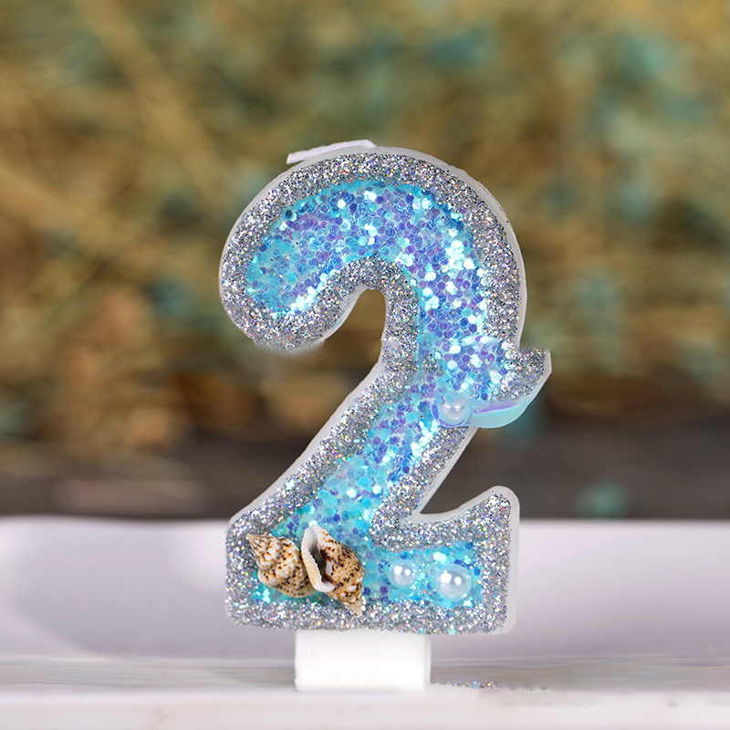 1PC Blue sea shell Glitter Number Birthday Candles Cake Topper Birthday Wedding Digital Cakes Dessert Decor Birthday Decoration: 2
