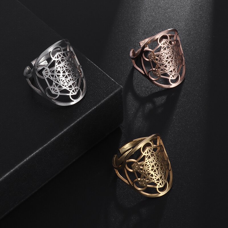 Anillo ajustable abierto de Chakra de flor de la vida de acero inoxidable de , moderno y exquisito, informal y versátil
