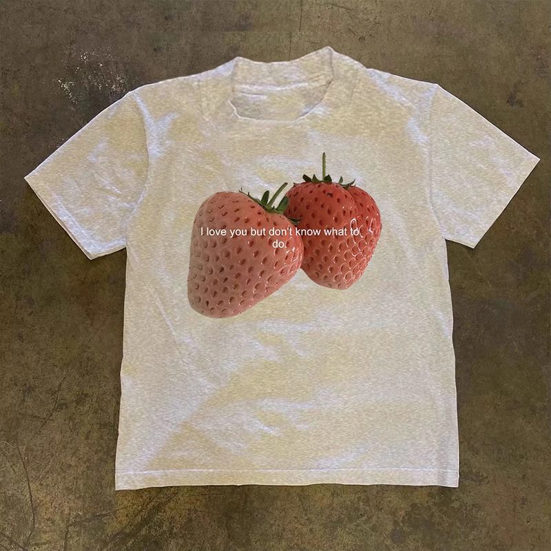 Camiseta de algodón puro con estampado gráfico de fresa para hombre y mujer, ropa de urbana de manga corta, Top Kawaii Y2k de otoño: XXXL / green