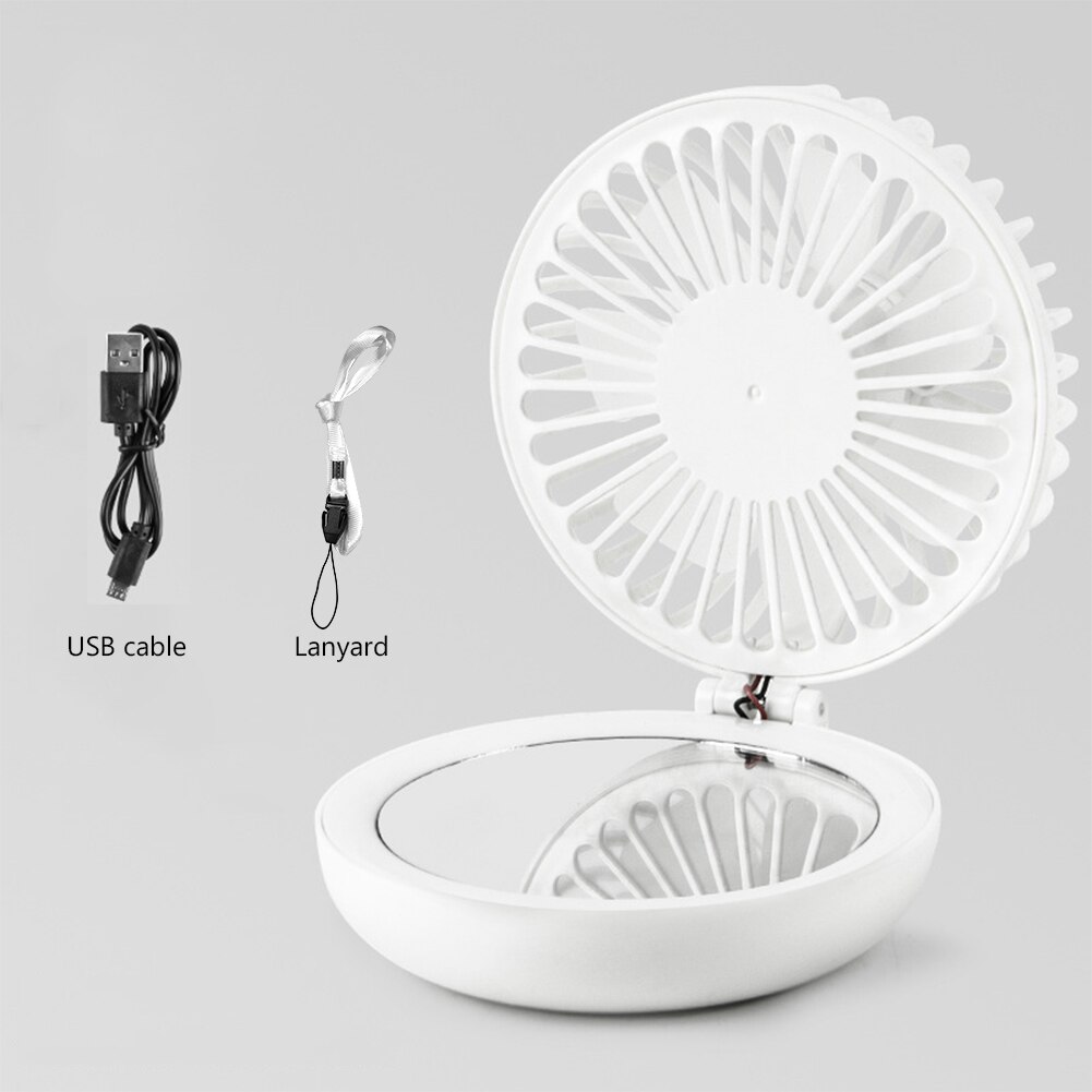 Przenośny wentylator USB 3 tryby prędkości z lusterkiem i światłem LED - Biały, Różowy, Niebieski: Biały