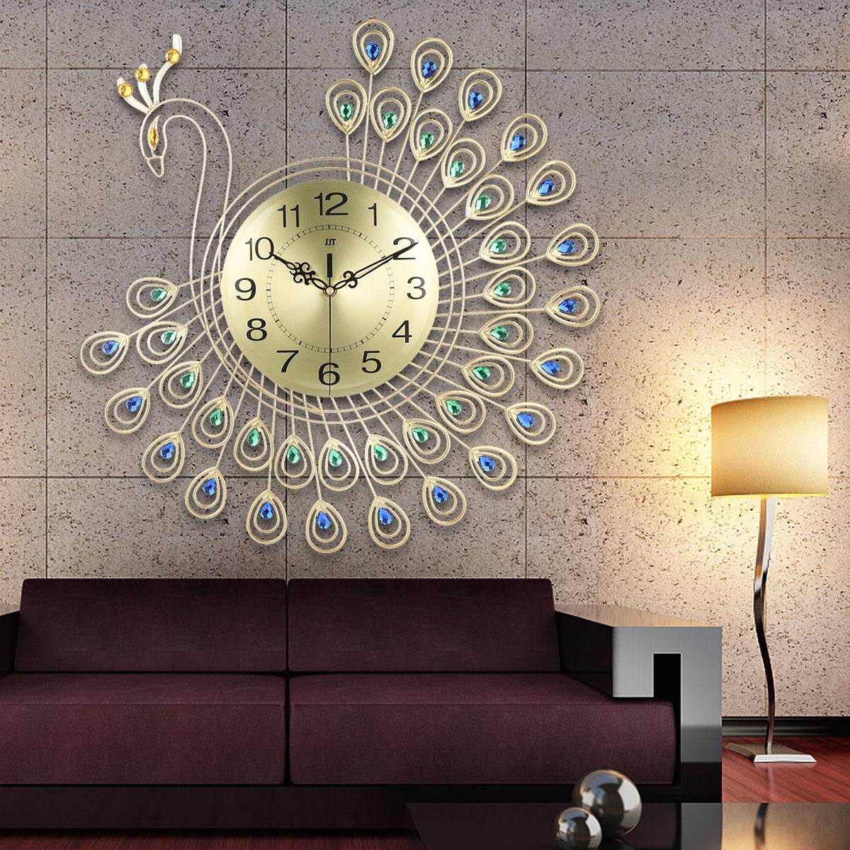 Large 3D Gold Diamond peacock Wall Clock Metal Watch for Home Living Room Decoration wall clock DIY Clocks Ornaments 53x53cm