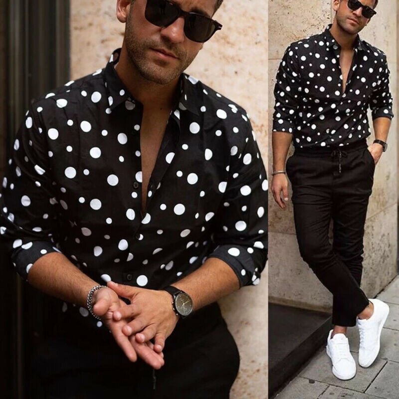 Men Shirts Long Sleeve Regular Fit Summer Beach Hawaiian Print Button Turn-Down Collar White Dot Shirts Tops Overhemden Heren