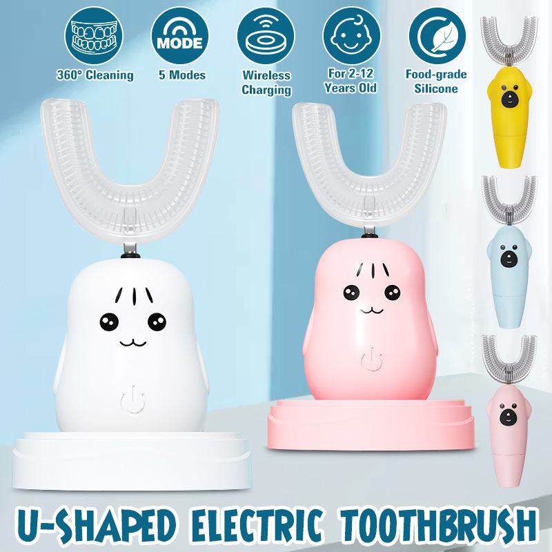 2 Styles Smart Electric Toothbrush 360° U-Shaped Automatic Ultrasonic Cleaning Toothbrush USB Charging for Aged 2-12
