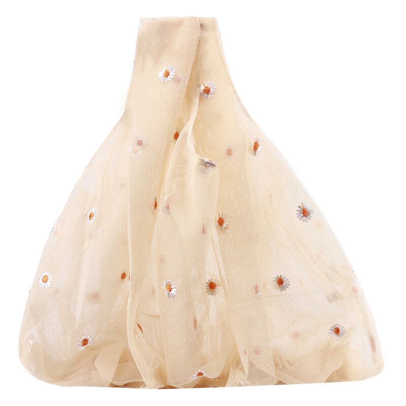 Bolso pequeño de tela transparente para mujer, bolsa de tela con bordado de margaritas, de , ecológico, para frutas, monedero para niña,: yellow