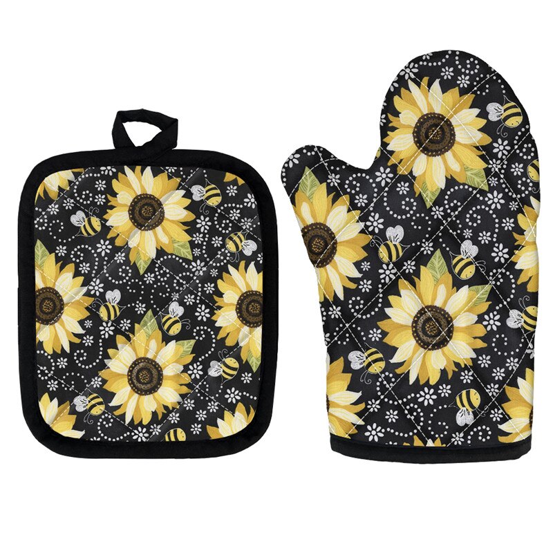 Golden Sunflowers Oven Mitts and Pot Holders Insulated Gloves for Cooking BBQ Baking Grilling Floral Style Kitchen Accessories: Z6037D19