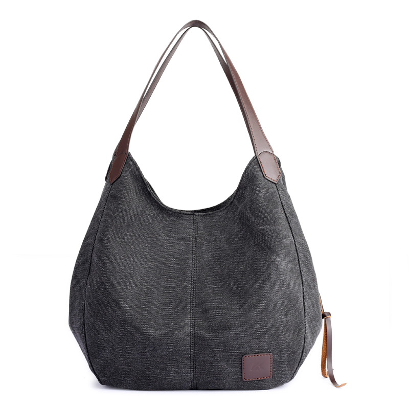 Piler stor skulder lærredstaske kvinder håndtasklommer damer hobo tasker afslappede store damer tasker mærke luksus damer håndtasker: Sort