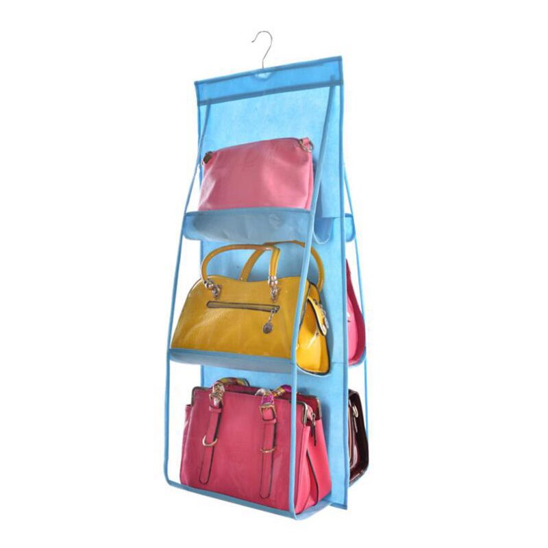 6 Pocket Hanging Bag Organizer Wardrobe Transparent Storage Bag for Handbag Closet Shoes Organizer Door Wall Clear Sundry Pouch: Blue