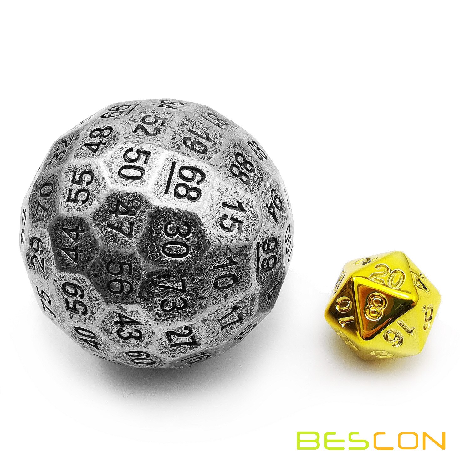 Bescon Solide Metalen 100 Zijdige Dobbelstenen, Spel Dobbelstenen D100, giant Polyhedral Metalen 100 Zijden Dobbelstenen 50Mm In Diameter (1.97in), Oude Zilveren