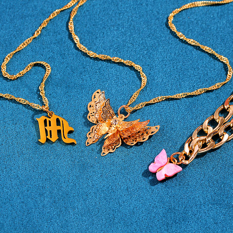 Flatfoosie 3Pcs/Set Gold Color Butterfly Choker Necklace for Women Multilayer Letter Pendant Necklace Jewelry Party