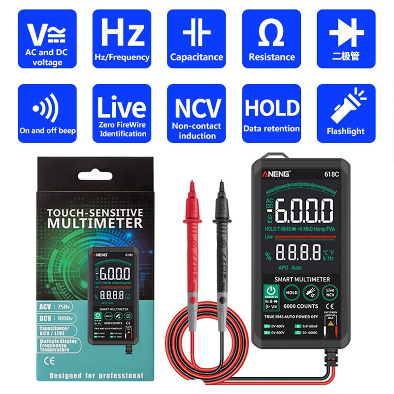 Digitale Multimeter Aanraken Kleur Screen Spanning Frequentie Capaciteit Weerstand Meter Automatische Ultradunne Digitale Multimeter