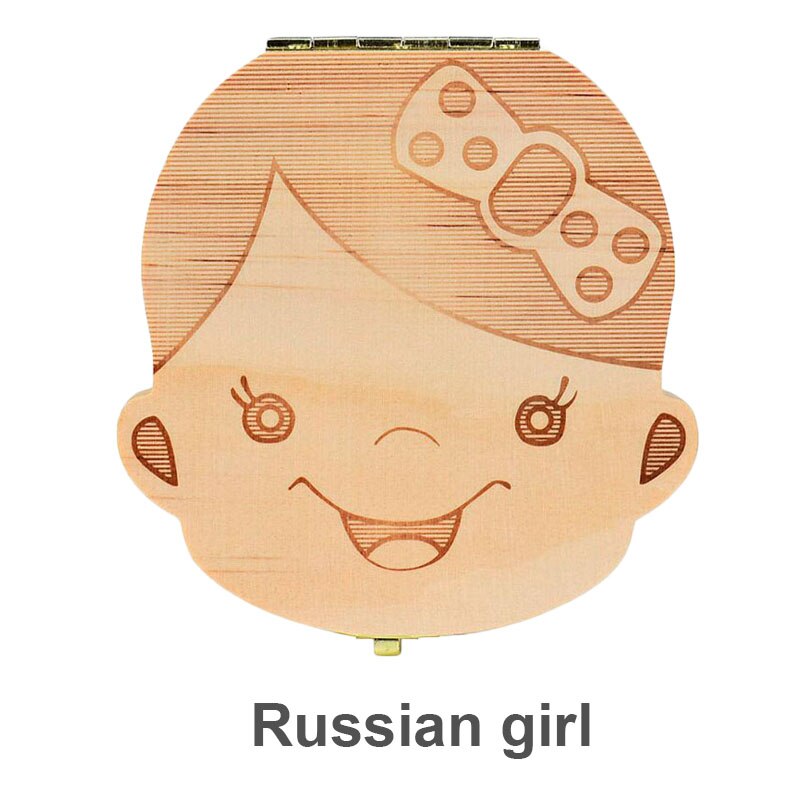 Houten Baby Tand Doos Russisch/Engels/Spaans Jongen Meisje Kinderen Tand Organizer Verzamelen Tanden Opbergdoos: Russian girl