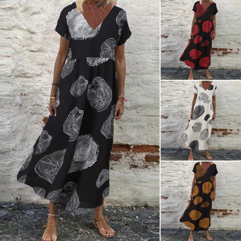De las mujeres vestido de tirantes de verano estampado Retro vestido Maxi ZANZEA pantalón corto Casual manga Vestisdos mujer cuello en V bata de 5XL