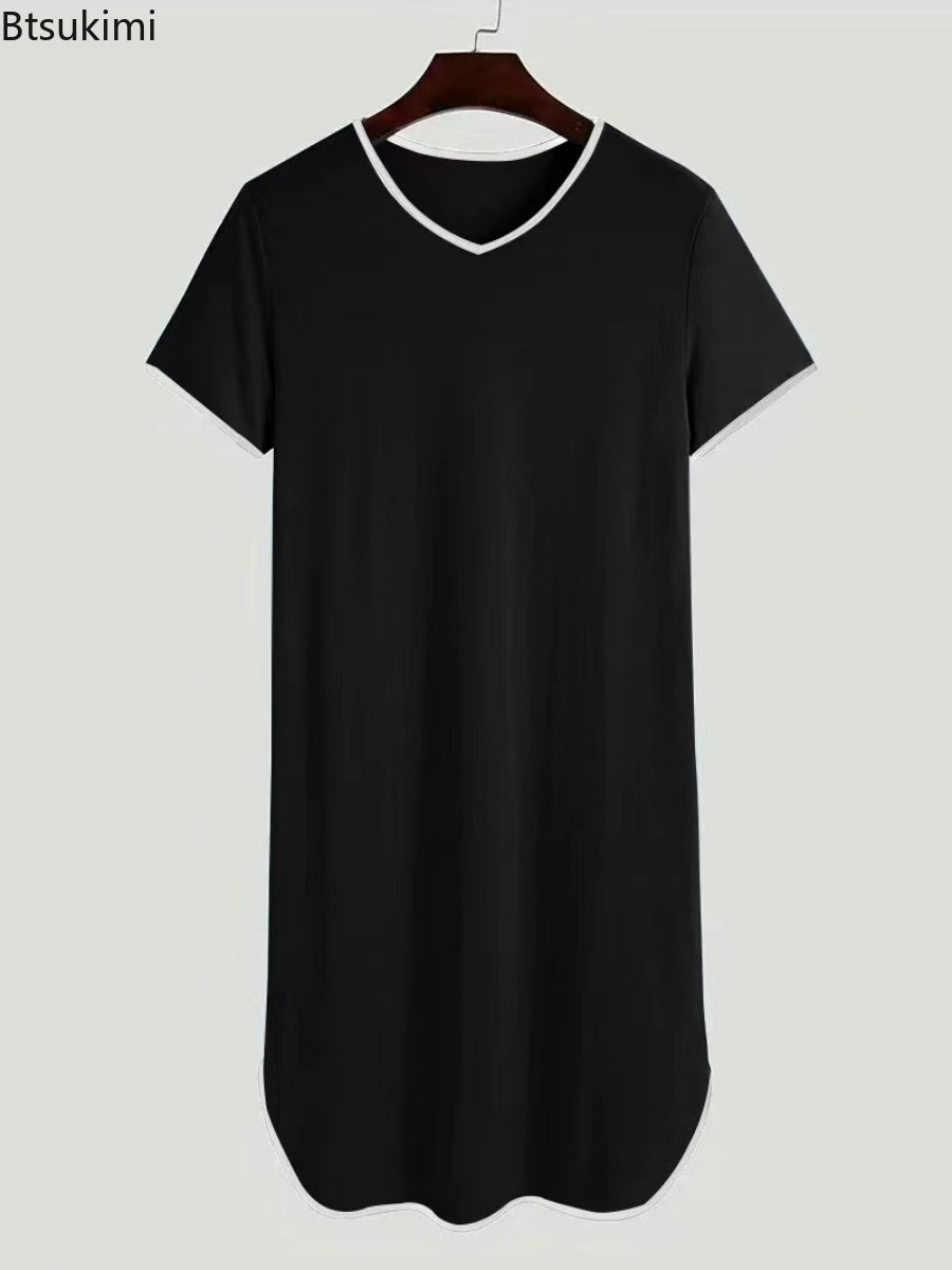Men's Short-sleeved Lengthened Pajama Robes Loose Skin Friendly Casual Home Clothes Simple Vintage Bathrobe Men Nightgown