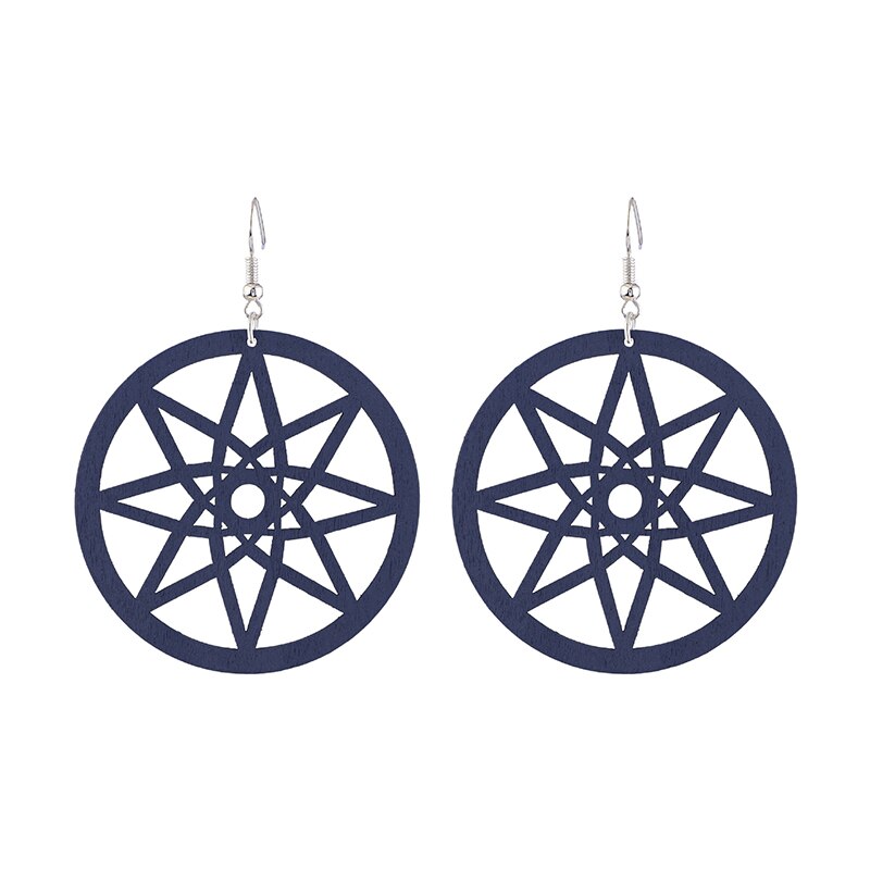 Retro Round Wood Earrings for Women Casual Original Hollow Eight-pointed Star Geometric Wooden Jewelry: C8