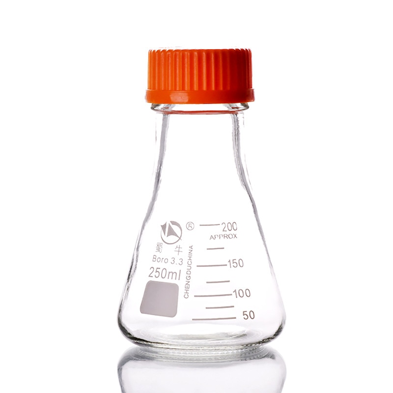 250ml,Glass Erlenmeyer Flask Yellow Plastic Screw Cap Lid,Laboratory Conical Reagent Bottle