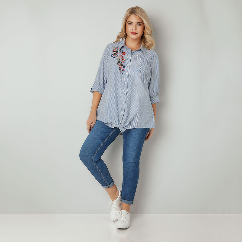 Kisleche, ropa de talla grande para mujer, camisa azul a rayas, bordado de flores, blusa protectora solar suelta de manga larga