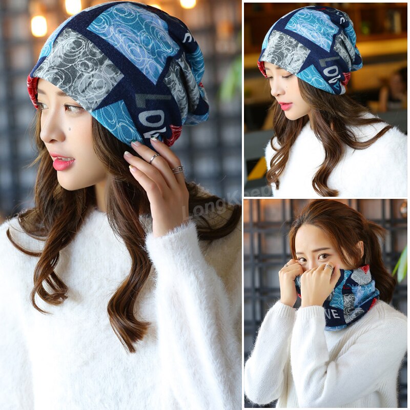 Long Keeper Women Knit Warm Hat Scarf Three Used Woman Flora Cap Beanie Skullies For Girl Autumn Caps Bonnet: blue STYLE 3