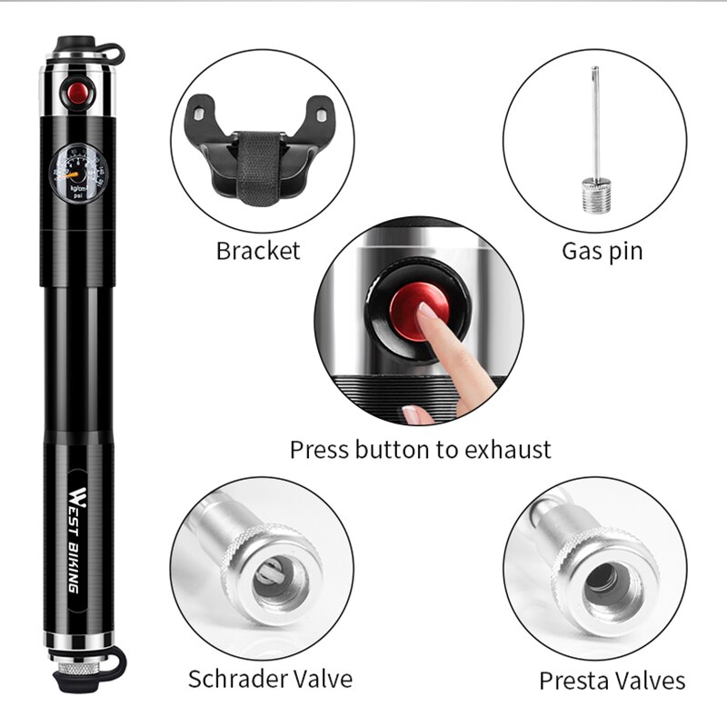WEST RADFAHREN Fahrrad Pumpe Hand Luftpumpe Schlauch Manometer Radfahren Reifen Inflator Schrader Presta Ventil Tragbare Pumpe