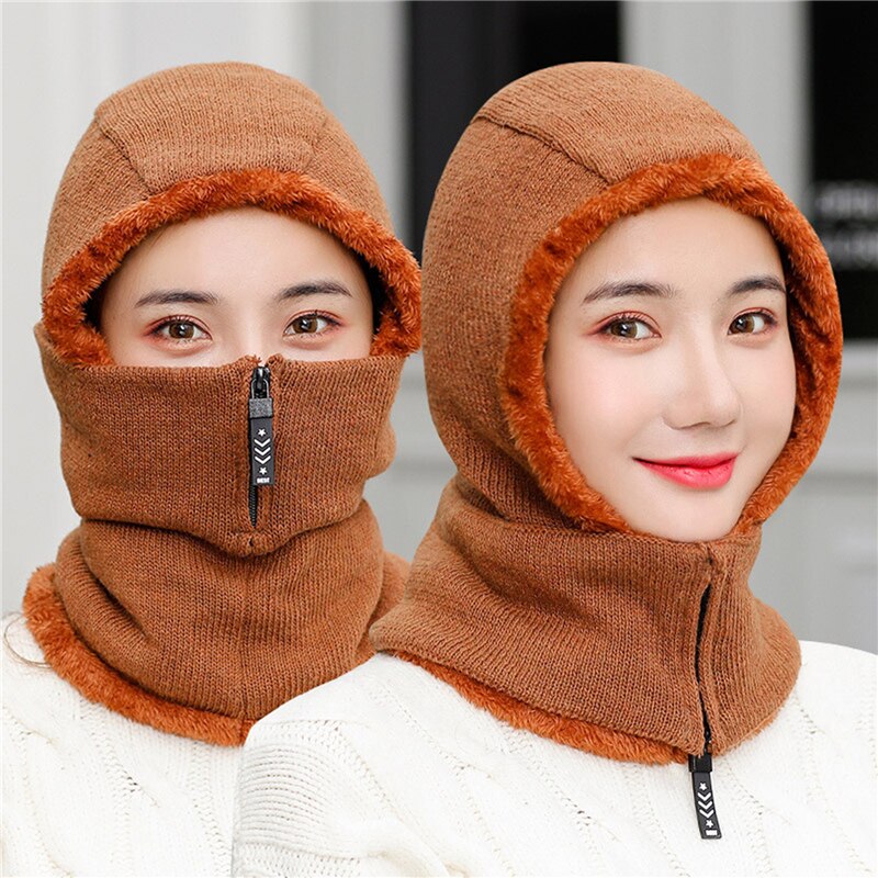 Reißverschluss Frauen Winter Hüte Plüsch Warme Sturmhaube Damen Ring Hütte Mit voll Gesicht Maske Kreative Atmungsaktive Gesichtsmaske