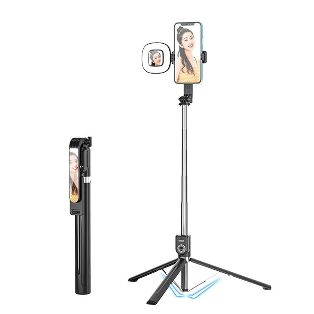 1.7m jatkettavaa live-jalustaa selfiekeppituki led-rengas kaksoisvalopeiliteline 4 in 1 puhelinteline android- ja ios-matkapuhelimelle: Musta