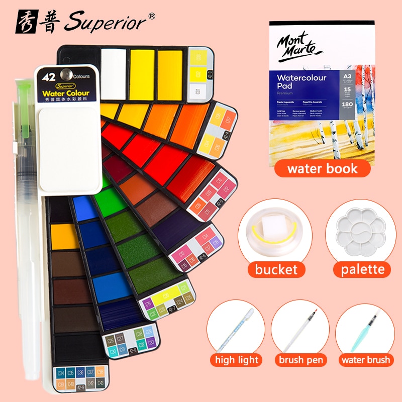Superior 42Colors Big Set Solid Watercolor Paint With Water Brush Pen Foldable Travel Water Color Pigment For Beginner Student