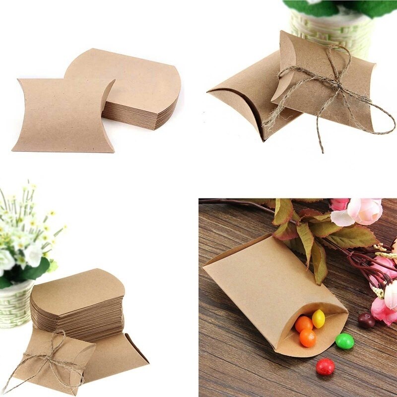 50pcs Cute Kraft Paper Pillow Favor Candy Boxes Supply Wedding Party Favor Bag